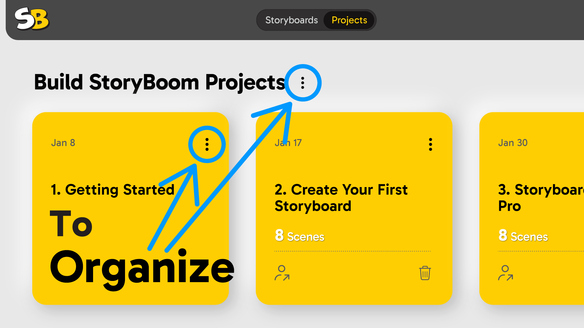 StoryBoom App screenshot: to organize