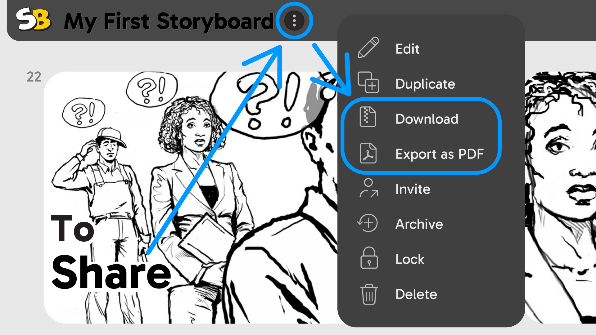 StoryBoom App screenshot: to share